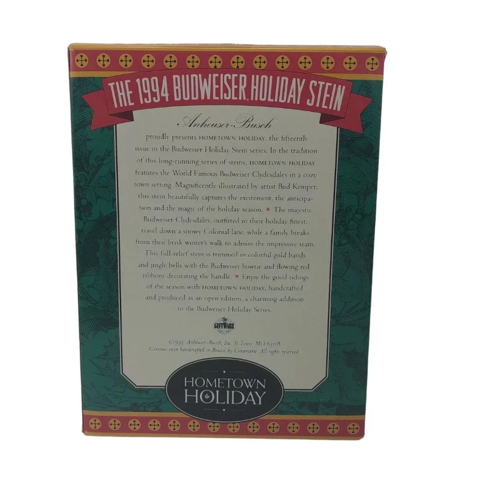 The 1994 Budweiser Holiday Stein Collection Hometown Holiday W/Box
